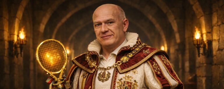 Kai Wegner als pompöser Tennisfürst in einem steinernen Gewölbegang mit goldenem Tennisschläger-Zepter