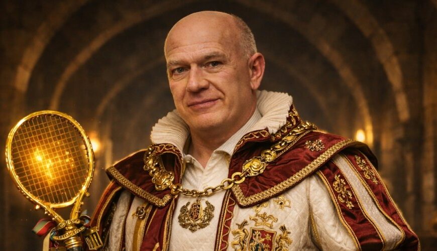 Kai Wegner als pompöser Tennisfürst in einem steinernen Gewölbegang mit goldenem Tennisschläger-Zepter