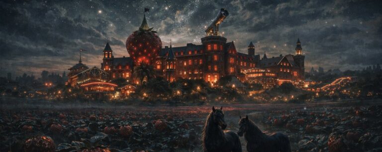 Düsteres Fantasy-Bild eines riesigen Erdbeer-Resorts in Elstal mit leuchtender Sternwarte, roten Feldern, alten Kasernengebäuden und Hexenpferden vor nächtlichem Himmel.