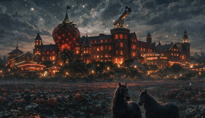 Düsteres Fantasy-Bild eines riesigen Erdbeer-Resorts in Elstal mit leuchtender Sternwarte, roten Feldern, alten Kasernengebäuden und Hexenpferden vor nächtlichem Himmel.