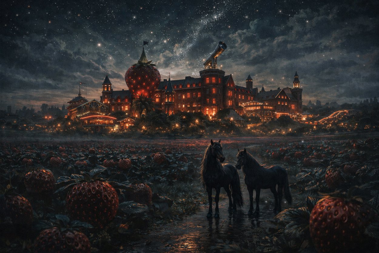 Düsteres Fantasy-Bild eines riesigen Erdbeer-Resorts in Elstal mit leuchtender Sternwarte, roten Feldern, alten Kasernengebäuden und Hexenpferden vor nächtlichem Himmel.