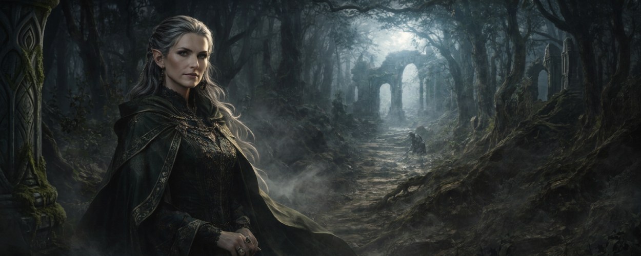 Kate Winslet als mögliche Hauptfigur in The Hunt for Gollum, dargestellt in einer düsteren Waldszene im Mittelerde-Stil.