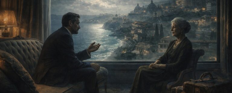 Melancholische Szene in einem eleganten Zimmer: Ein Mann spricht mit einer älteren Frau, während sich hinter ihnen durch ein großes Fenster eine mondbeschienene Küstenstadt wie eine traumhafte Erinnerungslandschaft ausbreitet; auf dem Tisch liegen Koffer und alte Postkarten.