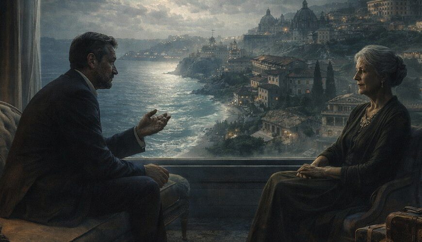 Melancholische Szene in einem eleganten Zimmer: Ein Mann spricht mit einer älteren Frau, während sich hinter ihnen durch ein großes Fenster eine mondbeschienene Küstenstadt wie eine traumhafte Erinnerungslandschaft ausbreitet; auf dem Tisch liegen Koffer und alte Postkarten.