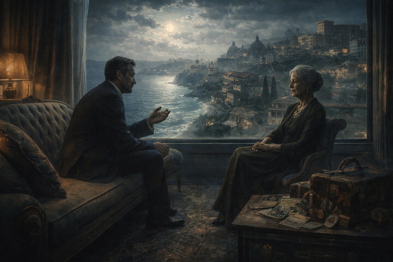 Melancholische Szene in einem eleganten Zimmer: Ein Mann spricht mit einer älteren Frau, während sich hinter ihnen durch ein großes Fenster eine mondbeschienene Küstenstadt wie eine traumhafte Erinnerungslandschaft ausbreitet; auf dem Tisch liegen Koffer und alte Postkarten.