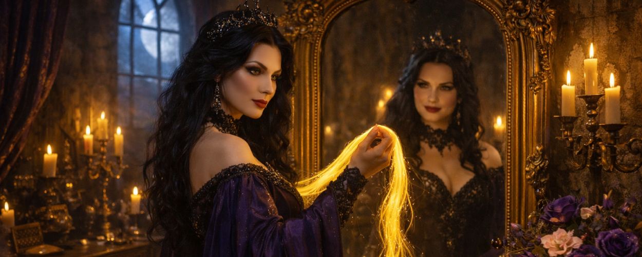 Düster-elegante Märchenzauberin in einem Turmzimmer als Sinnbild für Mother Gothel in Disneys Tangled-Realverfilmung.