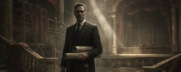 Düsterer klassischer Kultursaal im Umbau: Ein ernst wirkender Mann im Anzug steht mit Bauplänen und Schlüsselbund vor einer verlassenen Bühne, umgeben von Gerüsten, Staub und herabhängendem Samt.