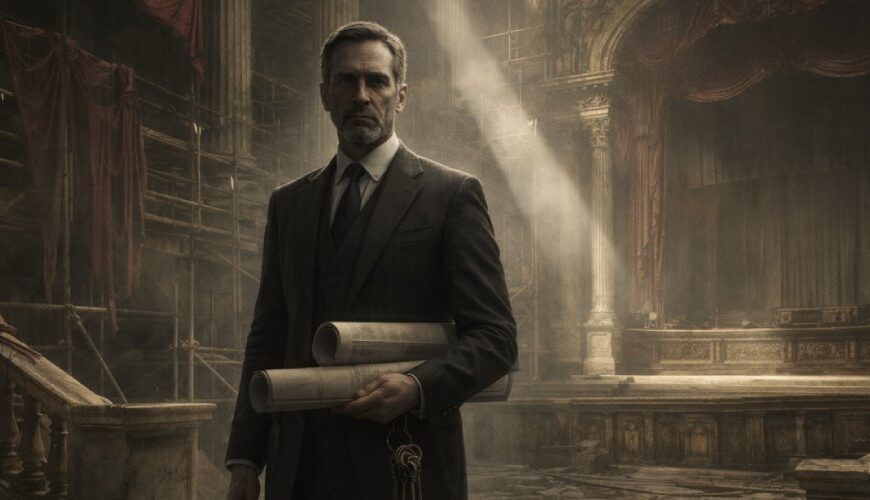 Düsterer klassischer Kultursaal im Umbau: Ein ernst wirkender Mann im Anzug steht mit Bauplänen und Schlüsselbund vor einer verlassenen Bühne, umgeben von Gerüsten, Staub und herabhängendem Samt.