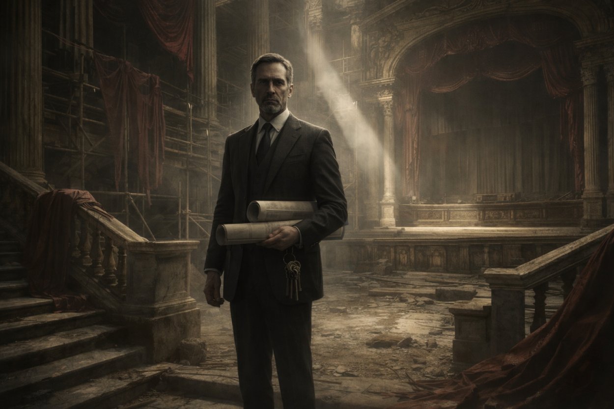 Düsterer klassischer Kultursaal im Umbau: Ein ernst wirkender Mann im Anzug steht mit Bauplänen und Schlüsselbund vor einer verlassenen Bühne, umgeben von Gerüsten, Staub und herabhängendem Samt.