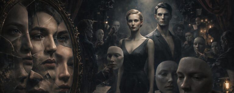 Düstere Bühnen- und Werkstattszene: Zwei fast makellos wirkende junge Darsteller stehen im Licht, umgeben von maskenartigen Gesichtsschalen und einem gesprungenen Spiegel, in dem sich mehrere menschliche Gesichter überlagern.