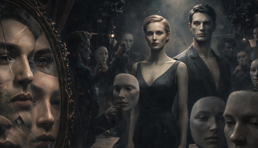 Düstere Bühnen- und Werkstattszene: Zwei fast makellos wirkende junge Darsteller stehen im Licht, umgeben von maskenartigen Gesichtsschalen und einem gesprungenen Spiegel, in dem sich mehrere menschliche Gesichter überlagern.