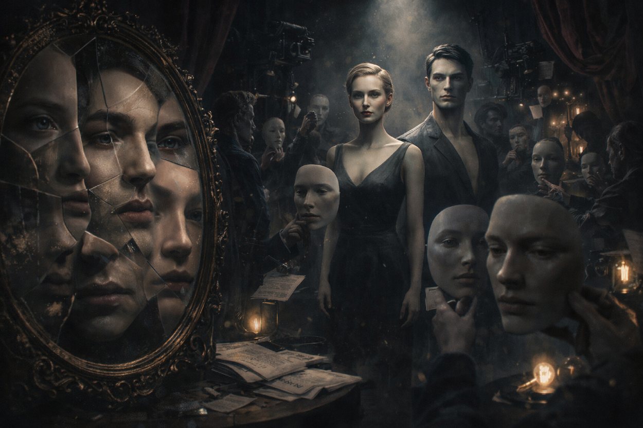 Düstere Bühnen- und Werkstattszene: Zwei fast makellos wirkende junge Darsteller stehen im Licht, umgeben von maskenartigen Gesichtsschalen und einem gesprungenen Spiegel, in dem sich mehrere menschliche Gesichter überlagern.