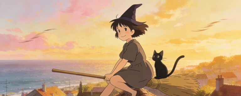 Eine junge Hexe fliegt auf einem Besen über die Dächer einer warm beleuchteten Küstenstadt – Motiv zum IMAX-Re-Release von Kikis kleiner Lieferservice.