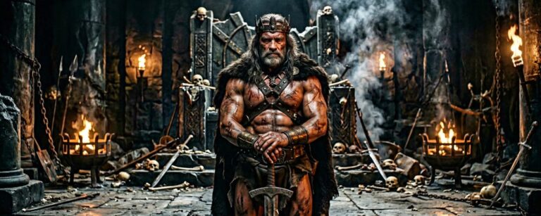 King Conan zeigt einen gealterten Barbarenkönig mit Schwert in einer zerstörten Thronhalle.