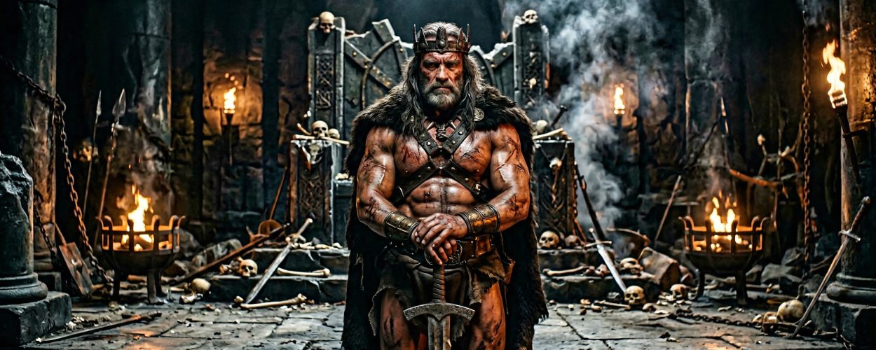 King Conan zeigt einen gealterten Barbarenkönig mit Schwert in einer zerstörten Thronhalle.