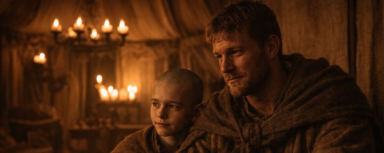 Ser Duncan und Egg sitzen im warmen Kerzenlicht eines Zelts – Dunk ohne Helm, Egg glatzköpfig – und blicken angespannt in die Ferne.