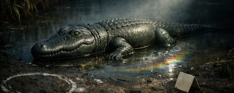Täuschend echtes Plastikkrokodil liegt am Ufer eines Tümpels, von Polizeitaschenlampe angestrahlt, Ölfilm schimmert im Wasser, Kreidekreis und Beweismarker im Vordergrund.
