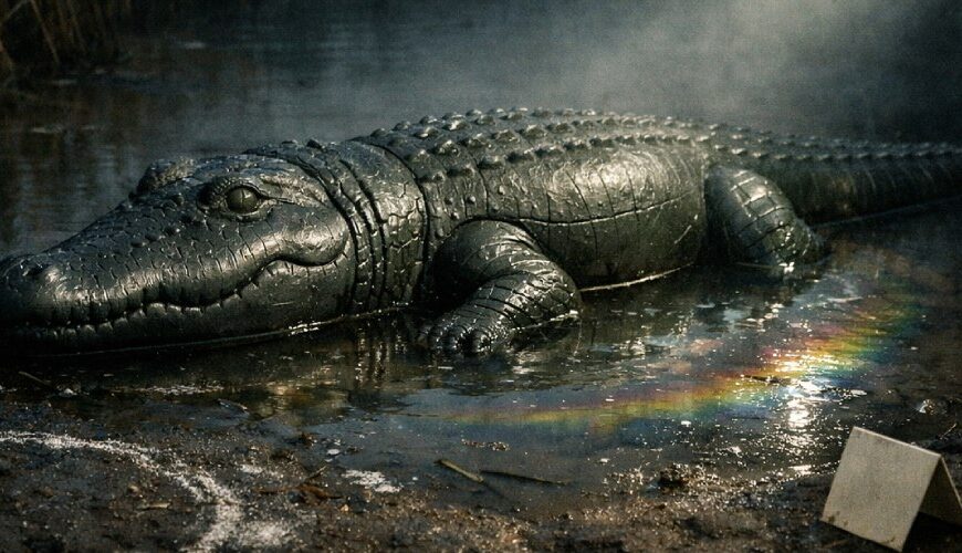 Täuschend echtes Plastikkrokodil liegt am Ufer eines Tümpels, von Polizeitaschenlampe angestrahlt, Ölfilm schimmert im Wasser, Kreidekreis und Beweismarker im Vordergrund.