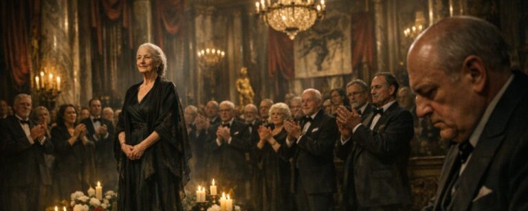 Feierliche Preisverleihung in einem prunkvollen Saal: Eine ältere Künstlerin steht würdevoll auf einer kleinen Bühne, während rechts im Vordergrund ein Mann im Anzug Geld zählt und neben Urkunde und Geldbörse Münzen und Scheine auf einem Samttisch liegen.