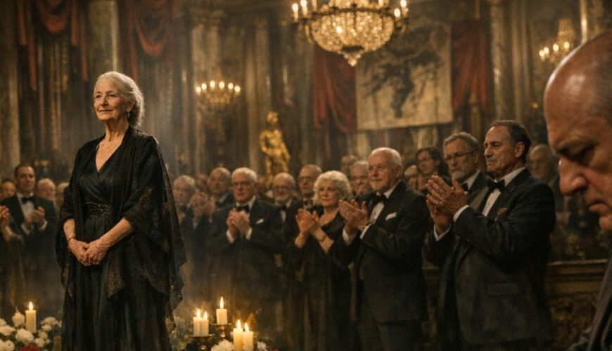 Feierliche Preisverleihung in einem prunkvollen Saal: Eine ältere Künstlerin steht würdevoll auf einer kleinen Bühne, während rechts im Vordergrund ein Mann im Anzug Geld zählt und neben Urkunde und Geldbörse Münzen und Scheine auf einem Samttisch liegen.