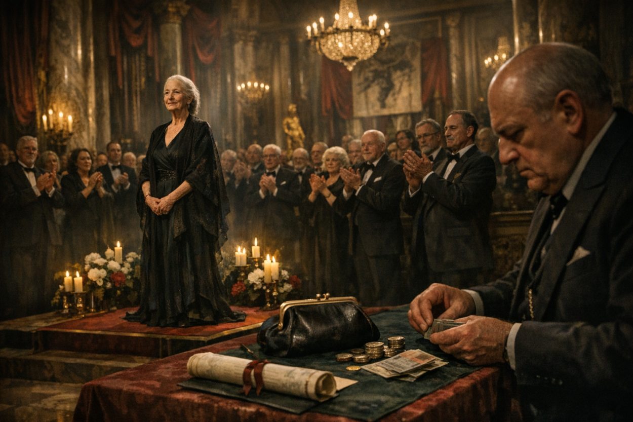 Feierliche Preisverleihung in einem prunkvollen Saal: Eine ältere Künstlerin steht würdevoll auf einer kleinen Bühne, während rechts im Vordergrund ein Mann im Anzug Geld zählt und neben Urkunde und Geldbörse Münzen und Scheine auf einem Samttisch liegen.