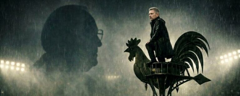 Trainer Kwasniok steht im Regen auf einem riesigen Kirchturmhahn-Wetterhahn am Spielfeldrand, im Nebel ragt der Schatten von Helmut Kohl, Münzen liegen auf dem nassen Rasen.