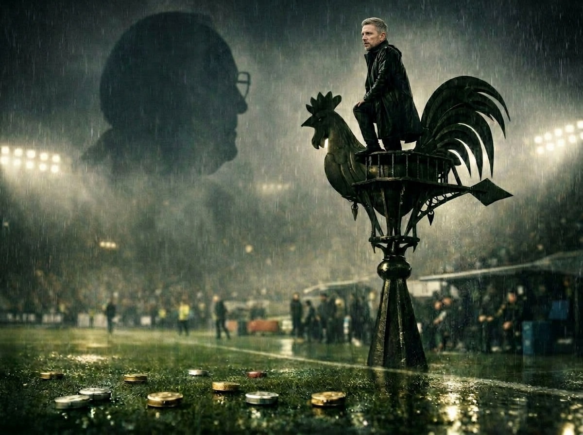 Trainer Kwasniok steht im Regen auf einem riesigen Kirchturmhahn-Wetterhahn am Spielfeldrand, im Nebel ragt der Schatten von Helmut Kohl, Münzen liegen auf dem nassen Rasen.