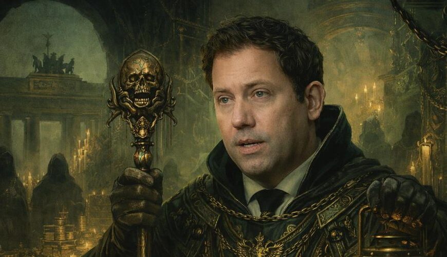 Düstere Dark-Fantasy-Illustration eines klar erkennbaren Politikers in schwarzem zeremoniellem Mantel, der in einer finsteren Berliner Schattenhalle zwischen Kerzen, goldenen Ketten und okkulten Requisiten steht.