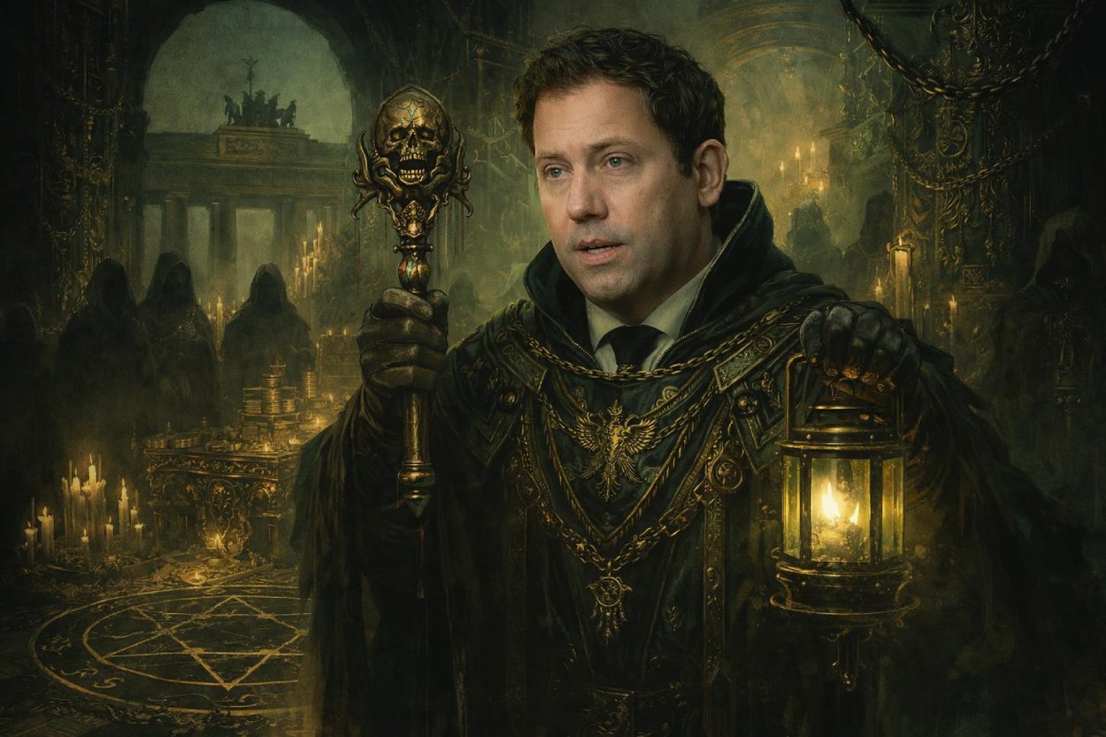 Düstere Dark-Fantasy-Illustration eines klar erkennbaren Politikers in schwarzem zeremoniellem Mantel, der in einer finsteren Berliner Schattenhalle zwischen Kerzen, goldenen Ketten und okkulten Requisiten steht.