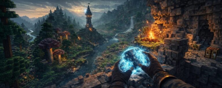 Voxel-Fantasywelt mit Magierturm, Wald und Fluss, während Feuer und Wasser sichtbar die Umgebung beeinflussen.