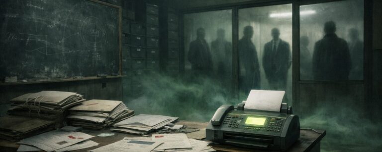 Verlassenes Klassenzimmer mit Aktenstapeln, Faxgerät und geöffnetem Karteikasten, während hinter Milchglas mehrere schemenhafte Personen in einem nebligen Behördenflur stehen.
