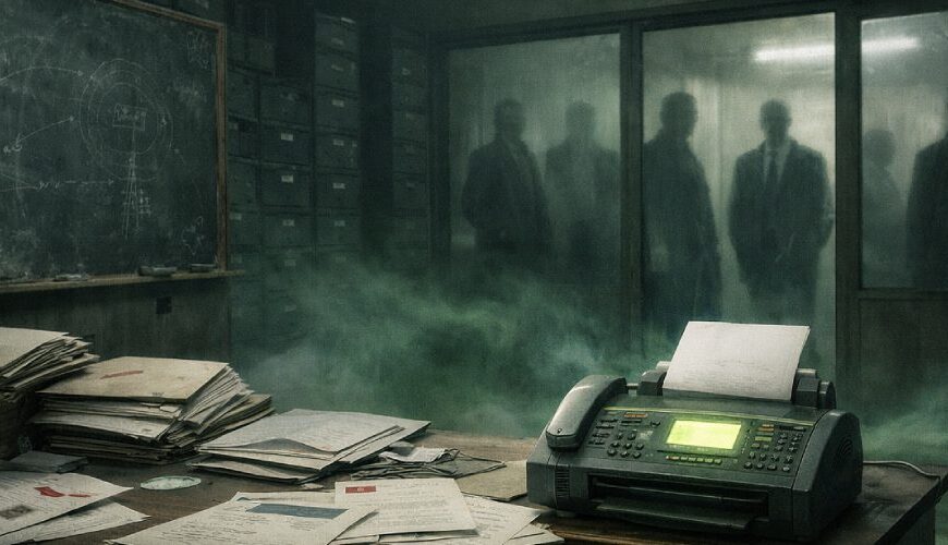 Verlassenes Klassenzimmer mit Aktenstapeln, Faxgerät und geöffnetem Karteikasten, während hinter Milchglas mehrere schemenhafte Personen in einem nebligen Behördenflur stehen.