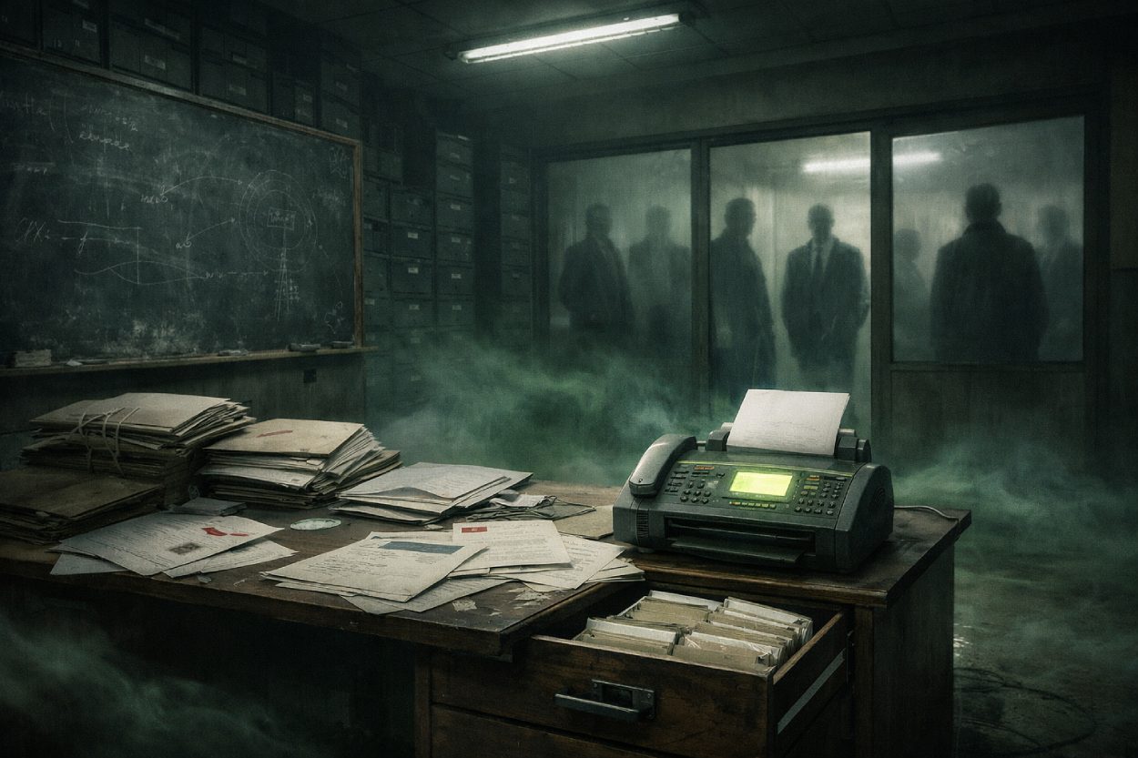 Verlassenes Klassenzimmer mit Aktenstapeln, Faxgerät und geöffnetem Karteikasten, während hinter Milchglas mehrere schemenhafte Personen in einem nebligen Behördenflur stehen.