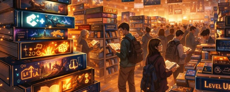 Fantasyhafte Messehalle mit Bücherständen und LitRPG-Anmutung als Symbol für den Aufstieg des Genres in den Buchhandel.