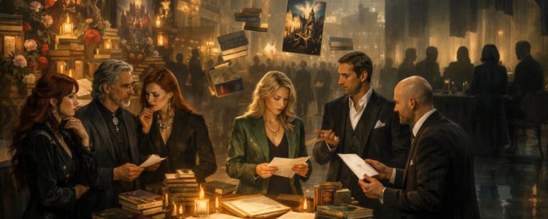 Große viktorianische Messehalle im Fantasy-Stil: Elegant gekleidete Verlags- und Literaturmenschen stehen an einem Tisch voller Bücher und Manuskripte, während schwebende Bücher und leuchtende Fantasy-Motive die Szene wie einen Orakelmarkt wirken lassen.