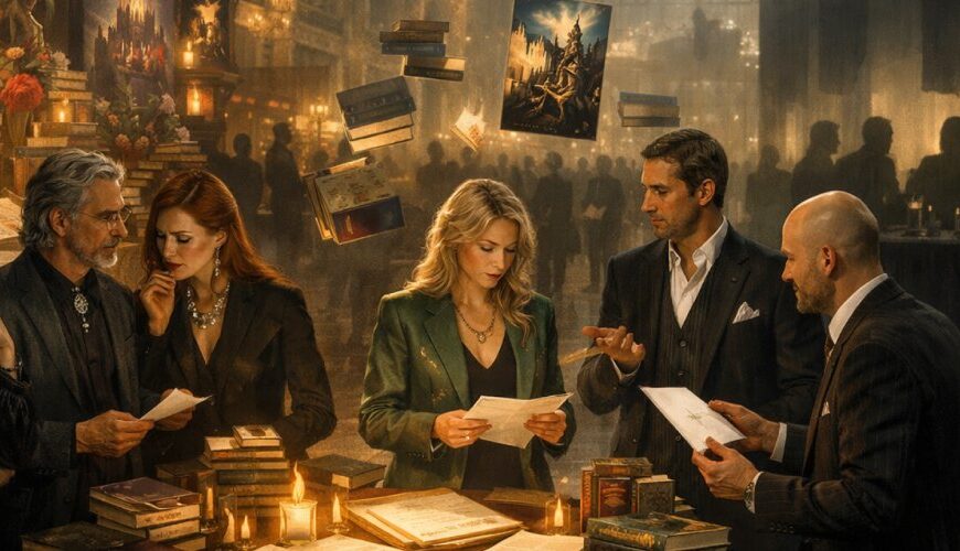 Große viktorianische Messehalle im Fantasy-Stil: Elegant gekleidete Verlags- und Literaturmenschen stehen an einem Tisch voller Bücher und Manuskripte, während schwebende Bücher und leuchtende Fantasy-Motive die Szene wie einen Orakelmarkt wirken lassen.