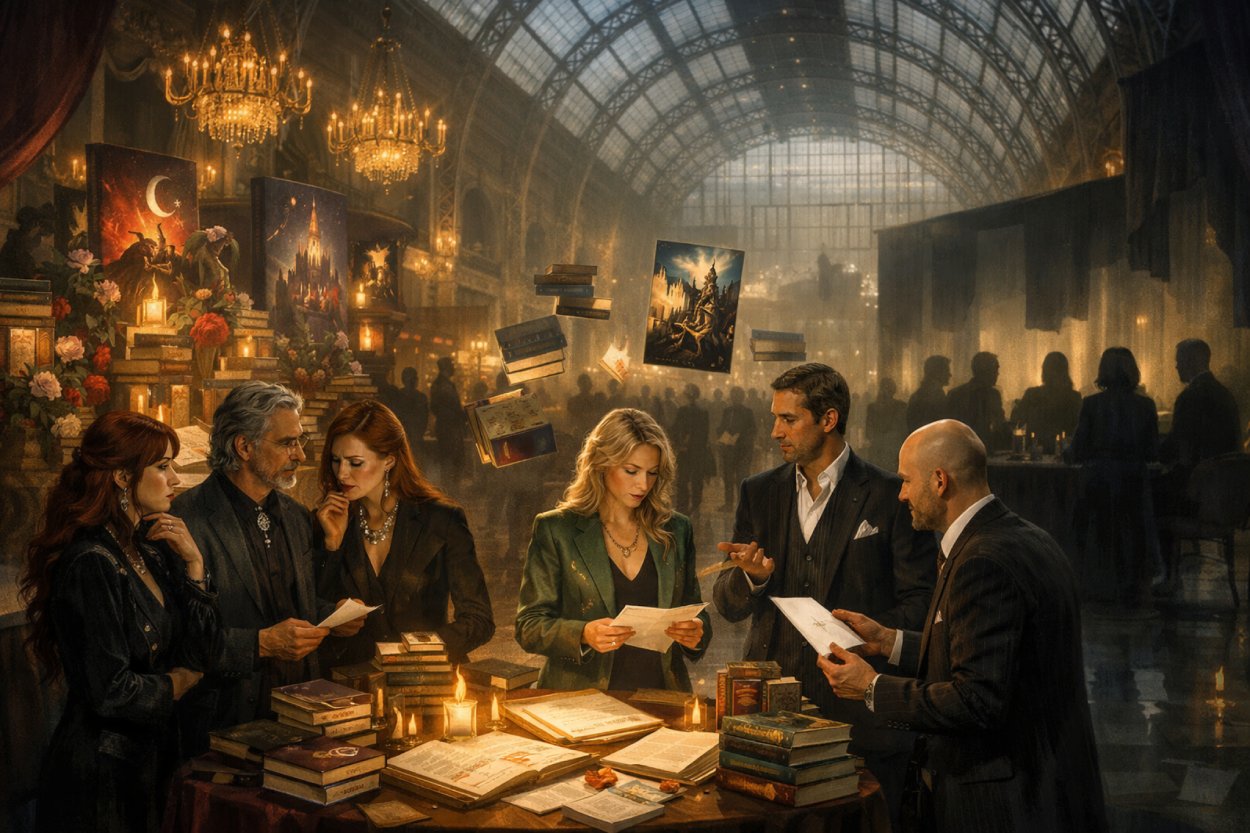 Große viktorianische Messehalle im Fantasy-Stil: Elegant gekleidete Verlags- und Literaturmenschen stehen an einem Tisch voller Bücher und Manuskripte, während schwebende Bücher und leuchtende Fantasy-Motive die Szene wie einen Orakelmarkt wirken lassen.