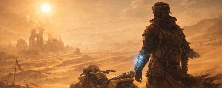 Ein einsamer Abenteurer steht mit magischem Handschuh in einer endlosen Fantasy-Wüste, während am Horizont Ruinen und ein Speeder im Sonnenlicht glühen.