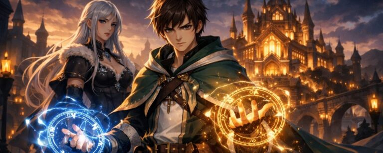 Ein Support-Magier entfesselt in einer Fantasy-Stadt seine verstärkende Magie, während eine geheimnisvolle Begleiterin ihn beobachtet.