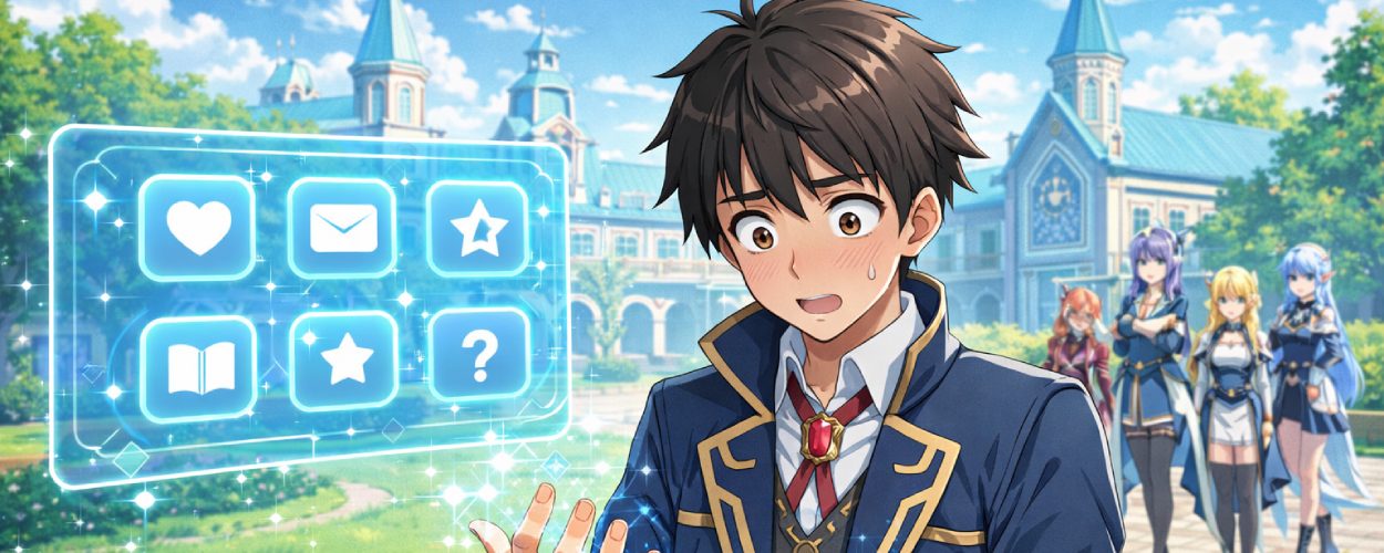 Ein verwirrter Nebencharakter steht vor einem magischen Menüfenster, während im Hintergrund eine Fantasy-Akademie leuchtet.