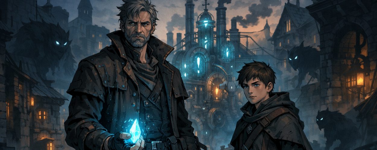 Zwei düstere Fantasyfiguren stehen vor einer magisch betriebenen Maschine, während Kartenrune und Nebel die Welt der Essenz andeuten.