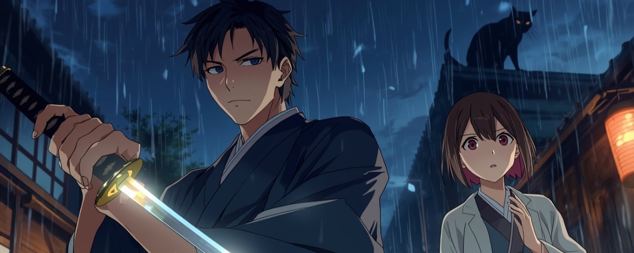 MAO Anime: Nanoka und Exorzist Mao in der Taishō-Nacht, während Byoki als Katzendämon im Schatten lauert.