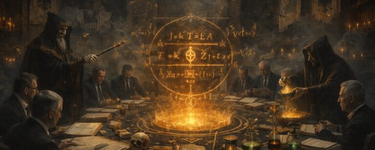 Düstere Fantasy-Illustration einer geheimen Rentenkommission in einem ritualhaften Kellergewölbe: An einem runden schwarzen Tisch sitzen ernste Politiker und zwei vermummte Magister, während über einer goldglühenden Beschwörungsformel Rauch, Runen, Akten, Sanduhren, Schädel und alchemistische Gefäße schweben.