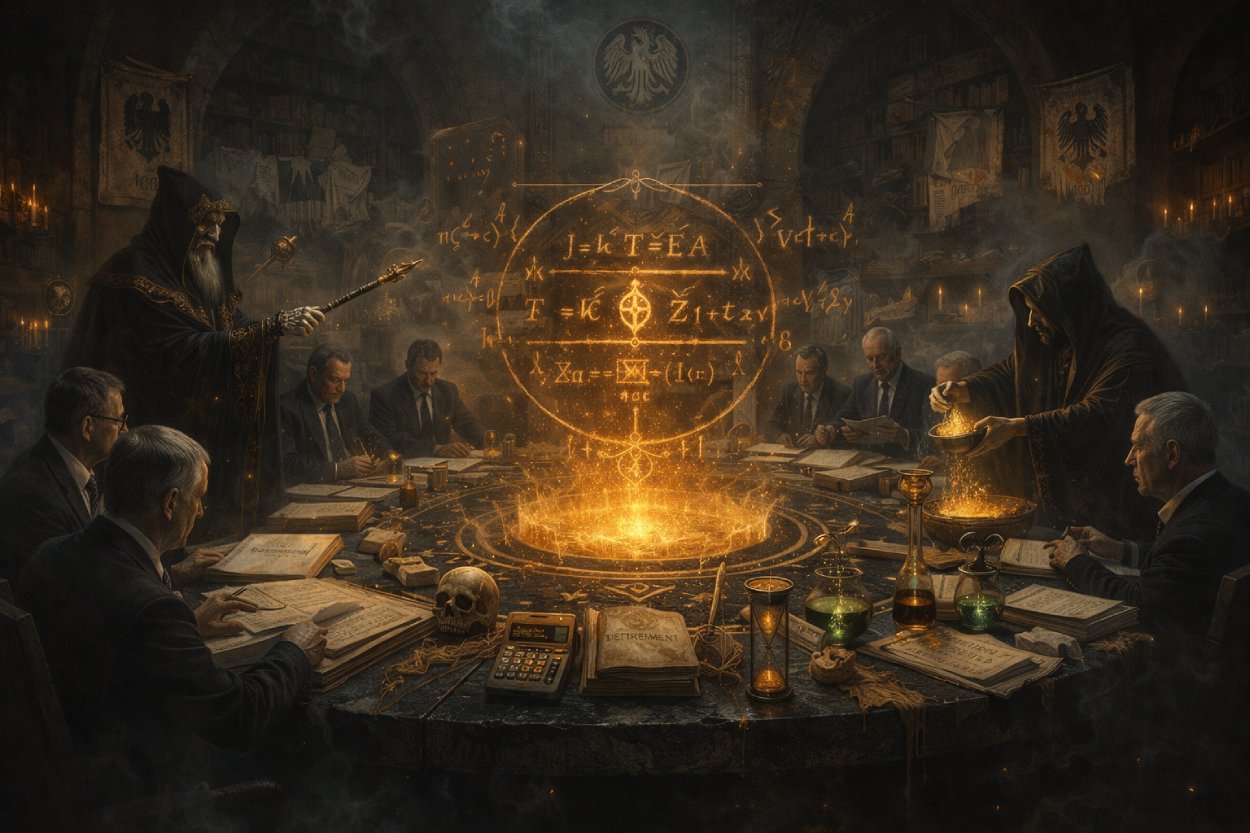Düstere Fantasy-Illustration einer geheimen Rentenkommission in einem ritualhaften Kellergewölbe: An einem runden schwarzen Tisch sitzen ernste Politiker und zwei vermummte Magister, während über einer goldglühenden Beschwörungsformel Rauch, Runen, Akten, Sanduhren, Schädel und alchemistische Gefäße schweben.