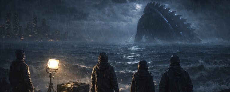 Ein Monarch-Forschungsteam steht im Sturm an der Küste, während im Meer die Silhouette eines Titanen aus den Wellen auftaucht.