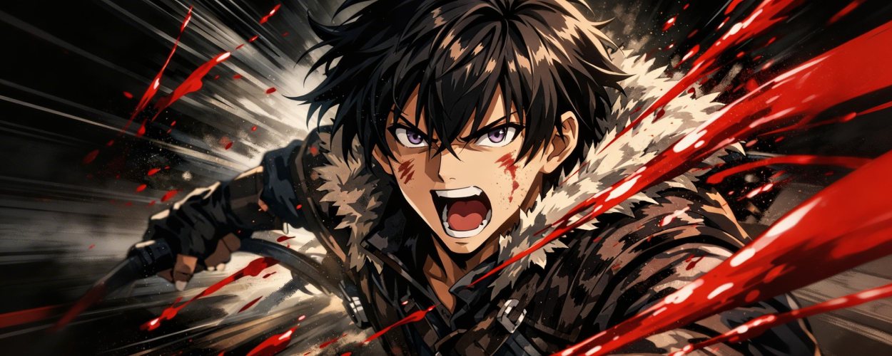 Ein junger Kämpfer schreit im Angriff, während rote Blutspuren und Speedlines durchs Bild schneiden – Keyvisual-Stil zu Monster Eater.