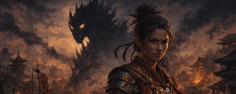 Düstere Fantasyheldin mit Monster-Schatten im Rücken in einer kriegsgezeichneten Stadt, passend zur geplanten Monstress-Animationsserie.