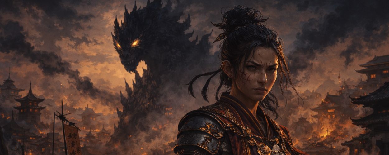 Düstere Fantasyheldin mit Monster-Schatten im Rücken in einer kriegsgezeichneten Stadt, passend zur geplanten Monstress-Animationsserie.