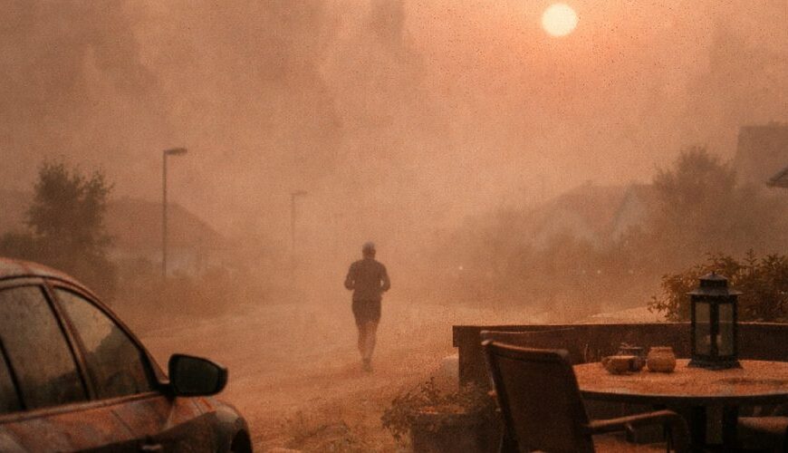 Milchig-roter Himmel über deutscher Landschaft im Sahara-Staub, feiner Sand liegt auf Auto und Terrasse, im Staub zeichnen sich unheimliche dämonische Gestalten ab.