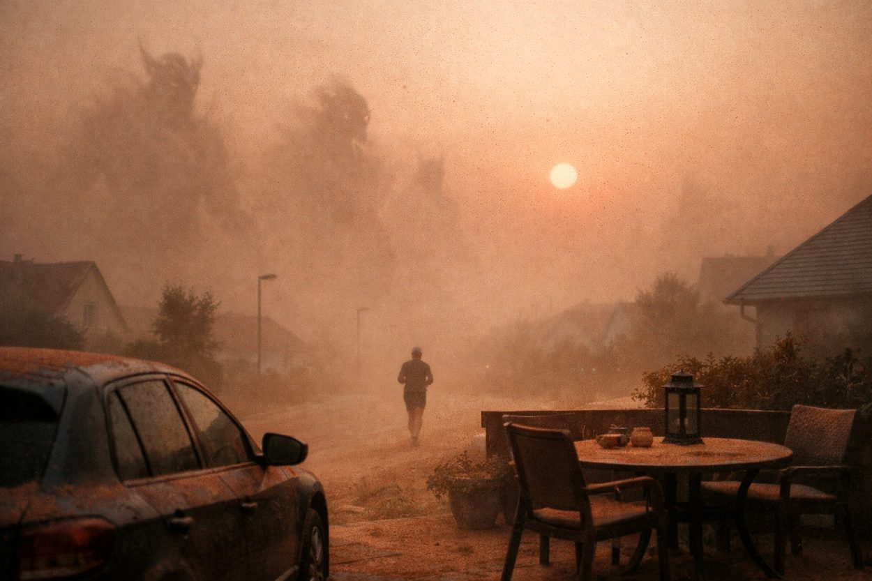 Milchig-roter Himmel über deutscher Landschaft im Sahara-Staub, feiner Sand liegt auf Auto und Terrasse, im Staub zeichnen sich unheimliche dämonische Gestalten ab.